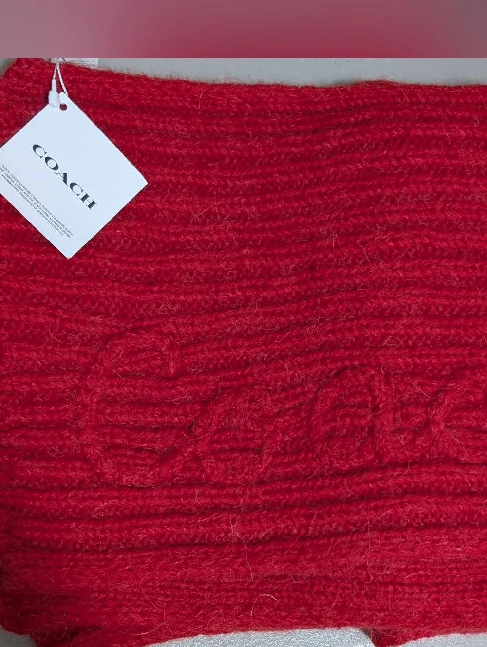 NWT Coach Red Ribbed Knit Wool Blend Muffler Scarf Script Logo Luxury Chunky OS